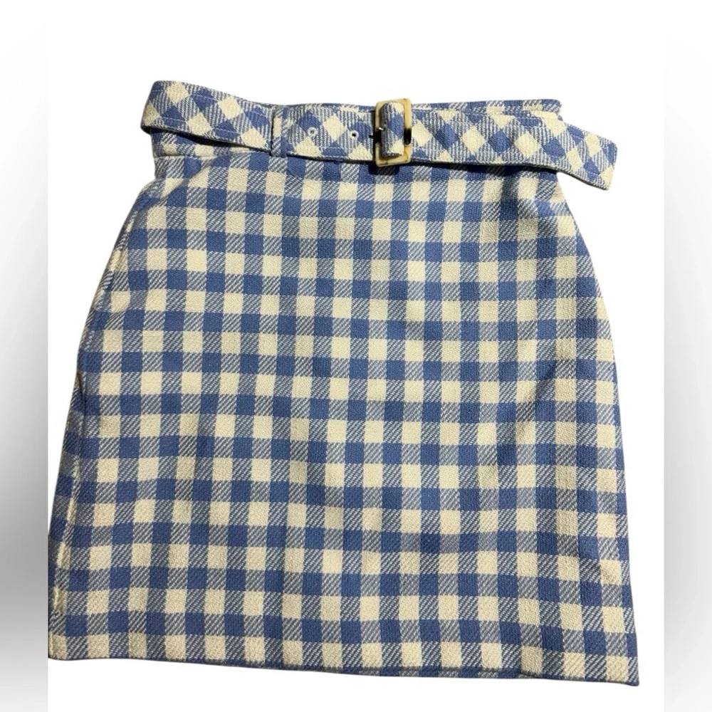 Ann Taylor Gingham Mini Skirt Blue White belted pencil skirt 4 Petite